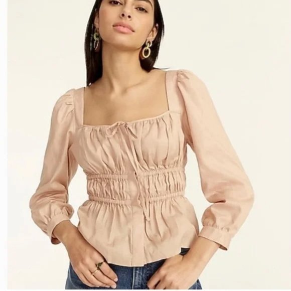 J. Crew Fall Chic Cinched Waist Top in Herringbone Cotton in Almond Biscotti - Picture 1 of 13